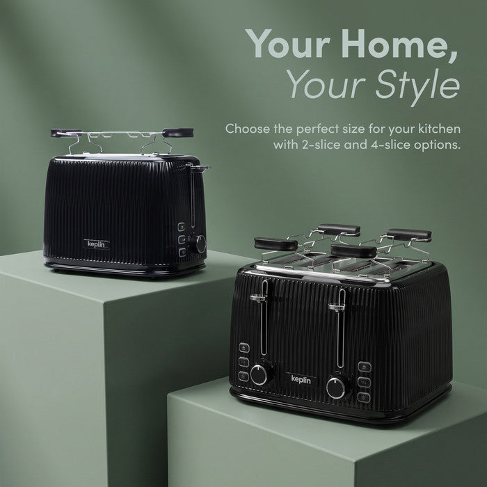 Keplin 2 slice toaster next to the 4 slice version showing size options