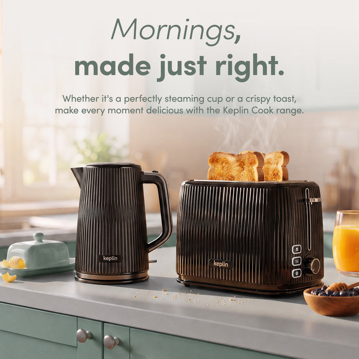 Keplin 2 slice toaster and matching kettle from the Keplin Cook range on a kitchen counter