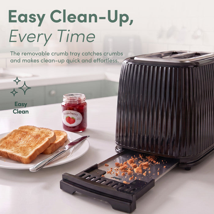 Keplin 2 slice toaster with removable crumb tray open beside toast and jam