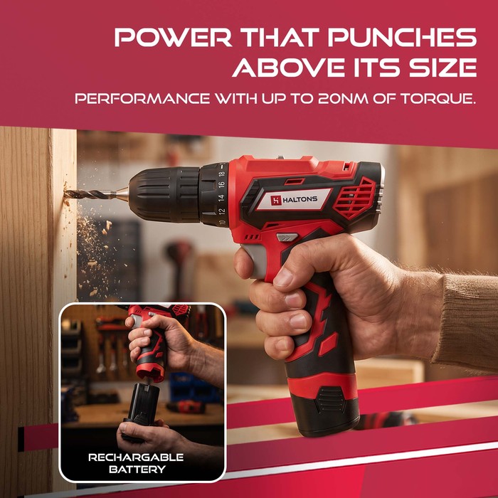 Haltons red cordless drill drilling into wood with rechargeable 12V lithium-ion battery