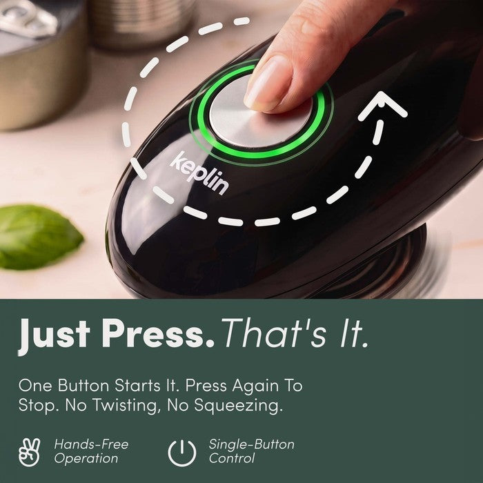 Finger pressing the Keplin electric can opener single button with hands-free operation