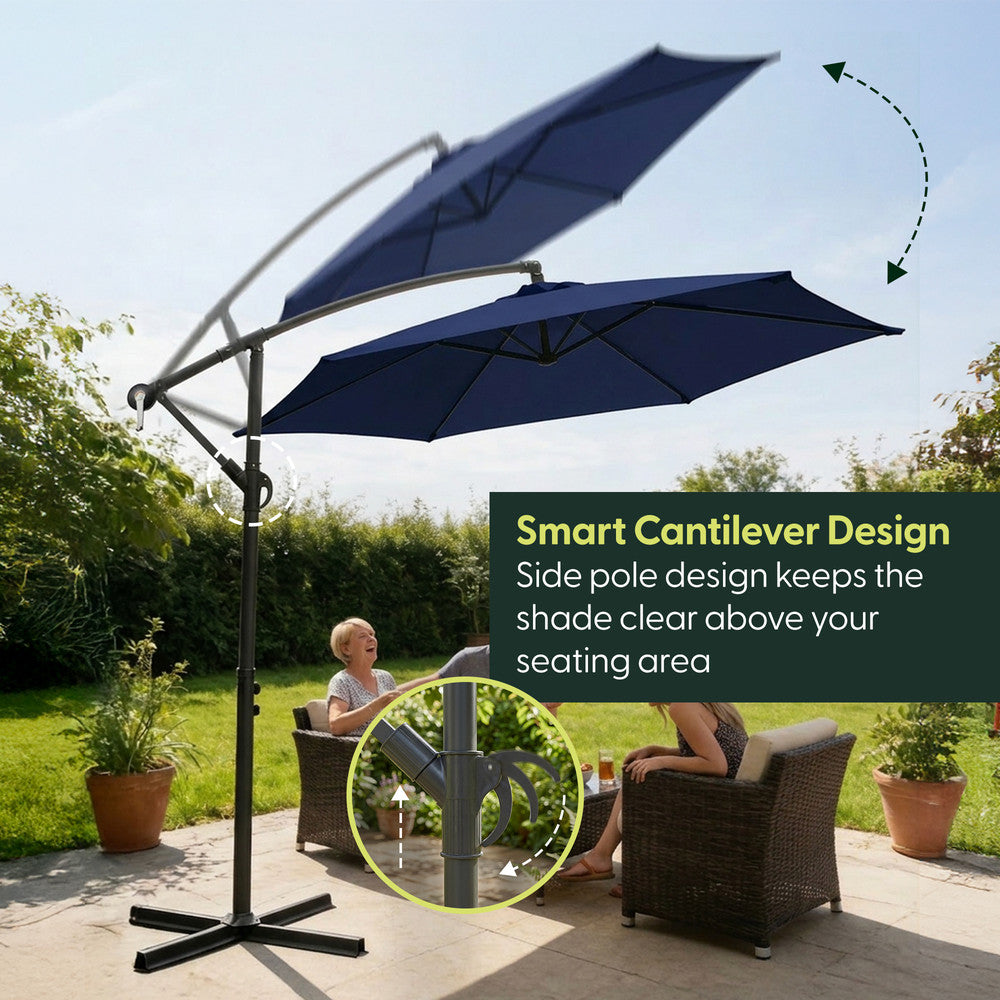 Navy blue 3m offset cantilever garden parasol rotating over garden chairs on patio – side pole keeps shade clear above seating area