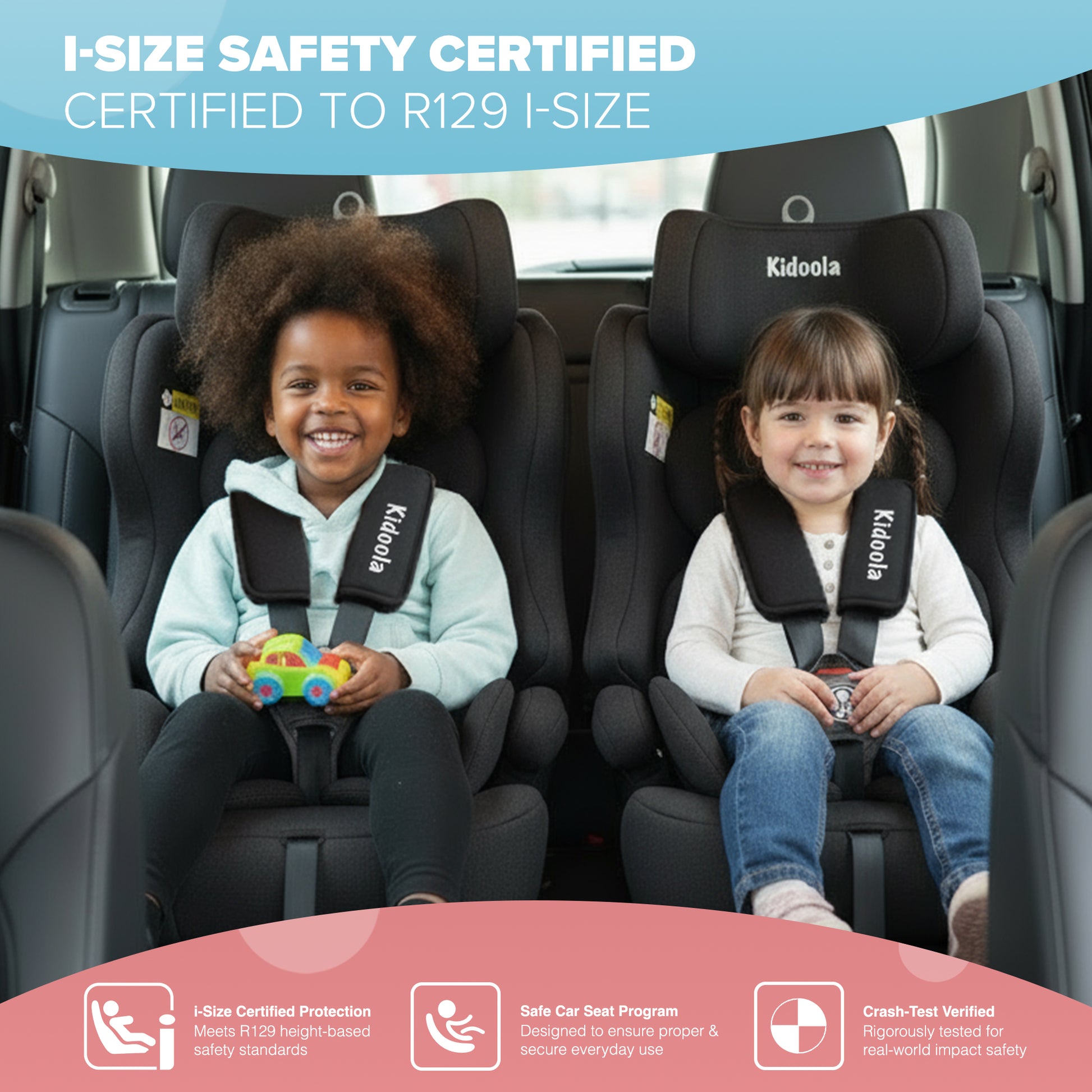 Child in ISOFIX car seat – R129 certified forward-facing seat for 76–150cm, 15 months to 12 years