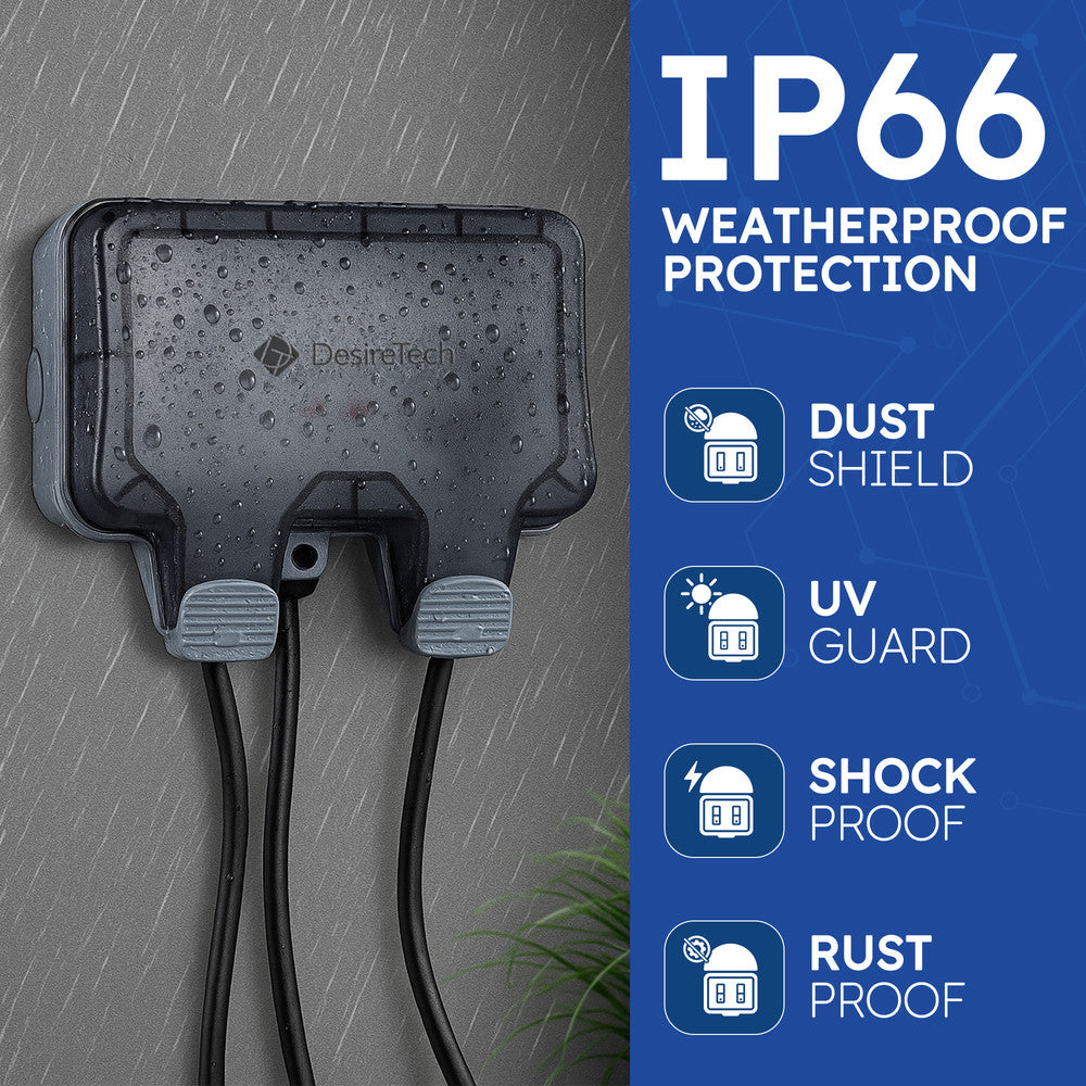 Desiretech Outdoor Double Switched Socket – IP66 Waterproof & Dustproof Socket – 2 Gang Plug with LED Indicators – High Impact PC Housing – Weatherproof Power Outlet for Sheds & Garages
