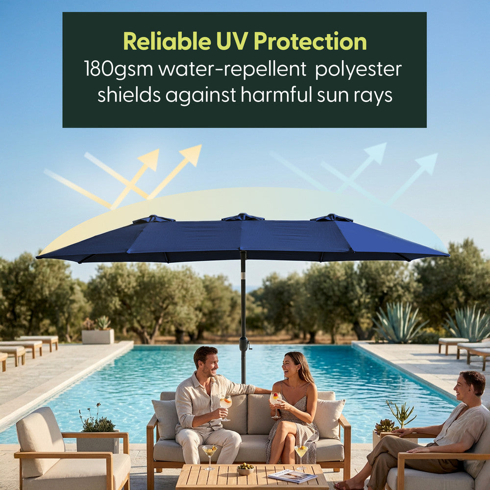 Blue double parasol shading people by a poolside – UV and weather resistant 180gsm canopy