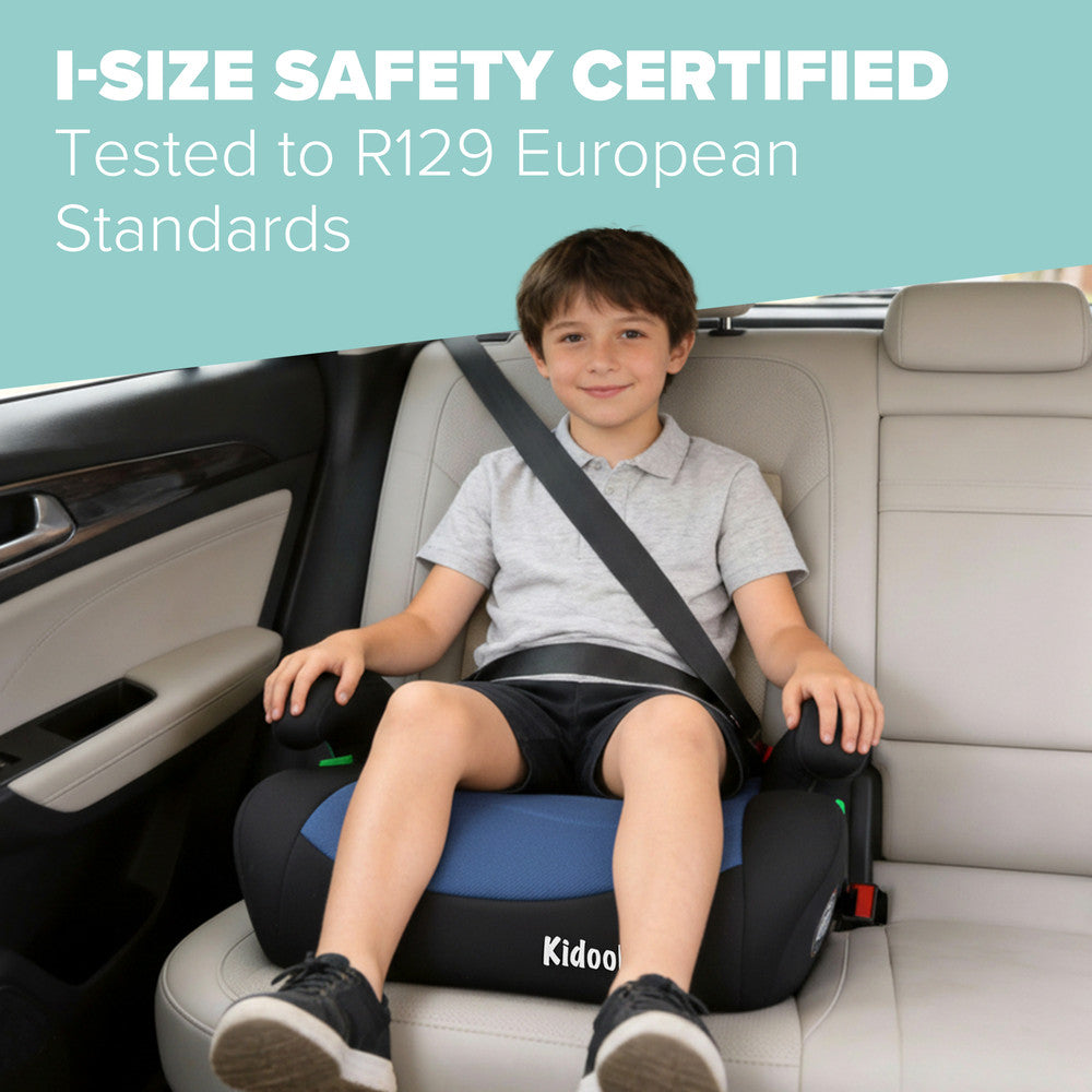 Blue booster seat in car – ISOFIX connection for secure forward-facing child car seat