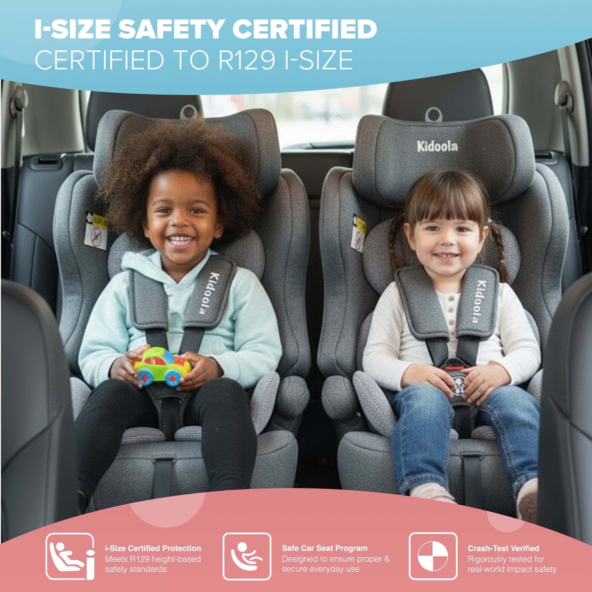 Child in grey ISOFIX car seat – R129 i-Size forward-facing seat for 76–150cm children