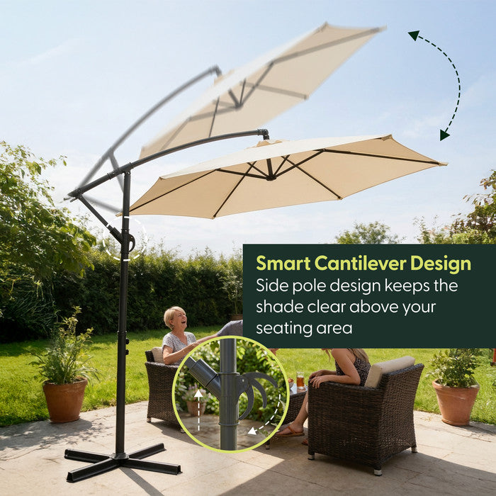 Cream 3m cantilever parasol with offset side pole rotating above garden chairs – shade kept clear of outdoor seating area