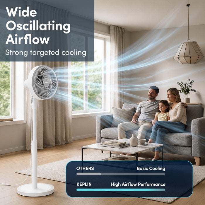 10 inch white pedestal fan with wide airflow in living room
