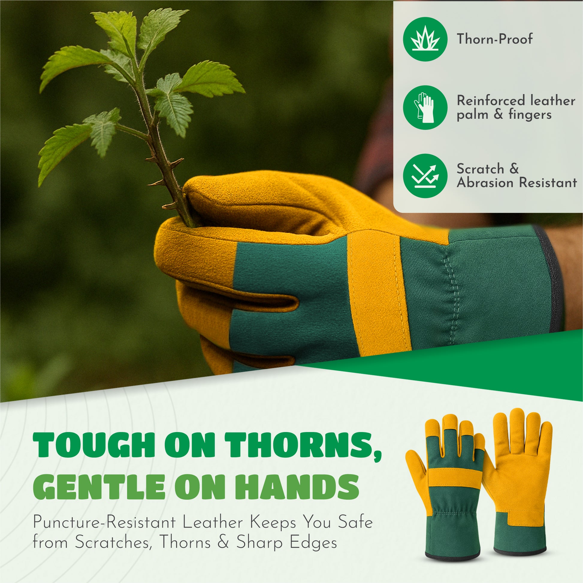Cowhide Leather Gardening Gloves Yellow & Green – image 3