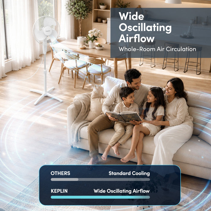 White oscillating pedestal fan circulating cool air across a family living room