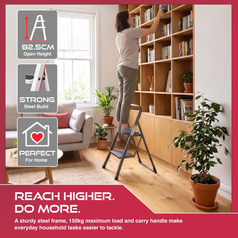 Haltons 2 step folding ladder with 82.5cm open height used to reach a living room bookshelf