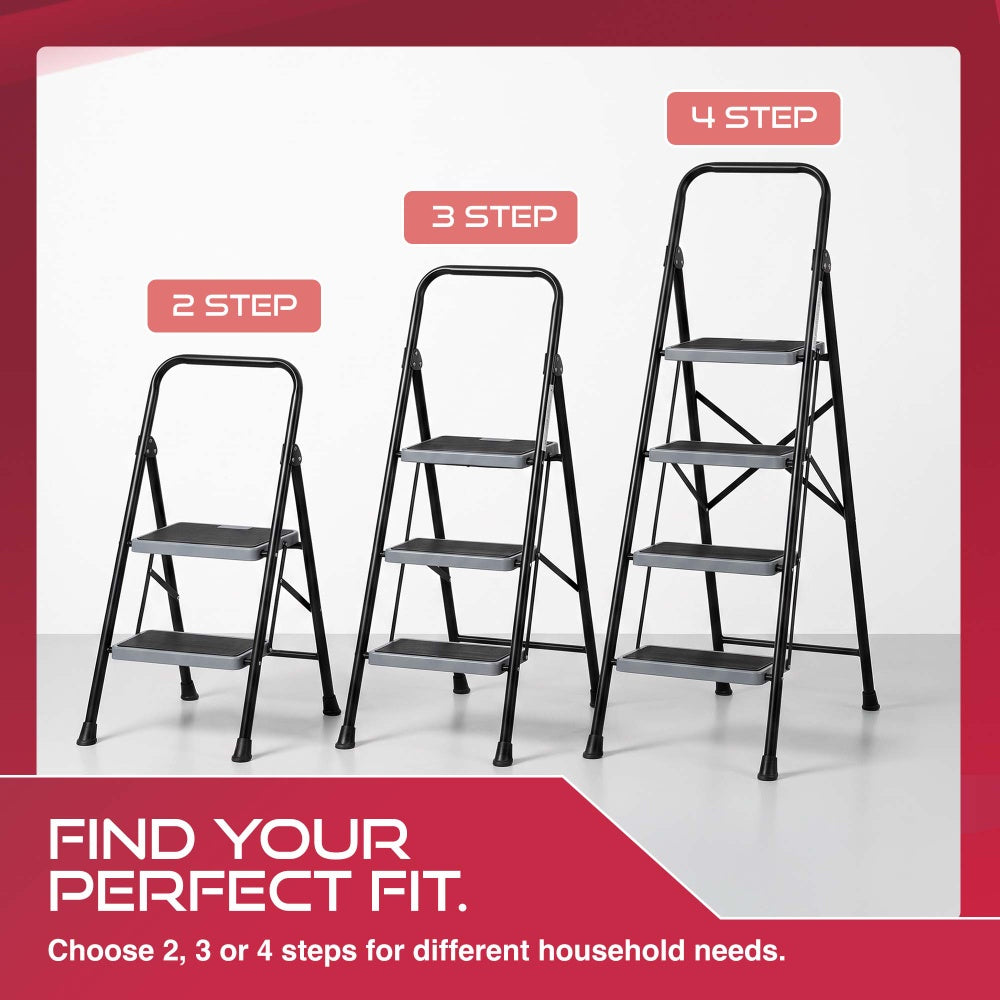 Haltons 2 step and 3 step and 4 step folding ladders side by side to compare sizes