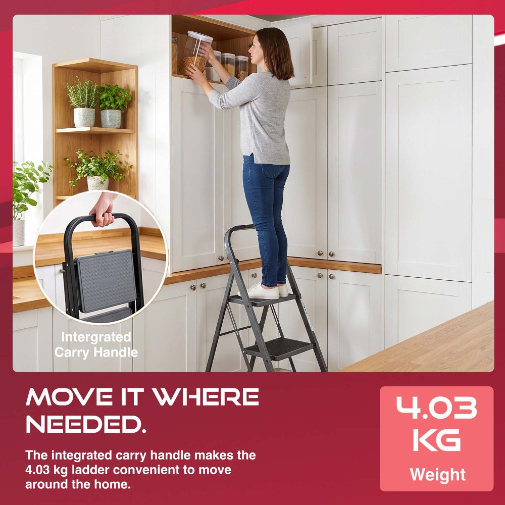 Haltons 2 step ladder with integrated carry handle weighing 4.03kg used in a kitchen