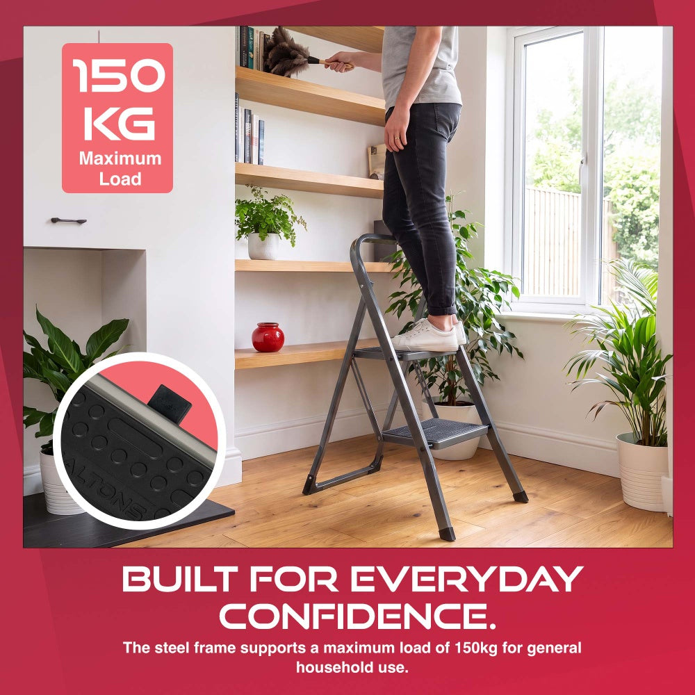 Haltons 2 step ladder with 150kg maximum load and a close up of the anti-slip step mat