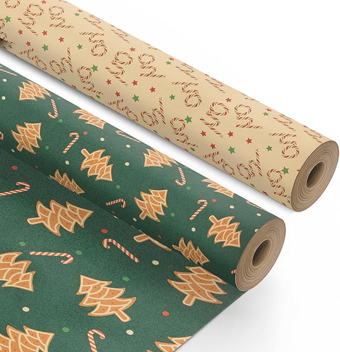 Kraft & Co 2 Pack Christmas Wrapping Paper Roll - Festive Designed Recyclable Kraft Paper, Perfect for Holiday Gifts, Arts & Crafts-Wrapping for a Merry Christmas (44.5cm x 25m)