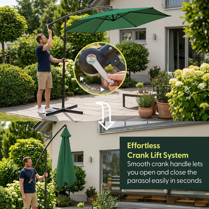 Man opening and closing 3m green cantilever garden parasol using crank handle – effortless open and close in seconds
