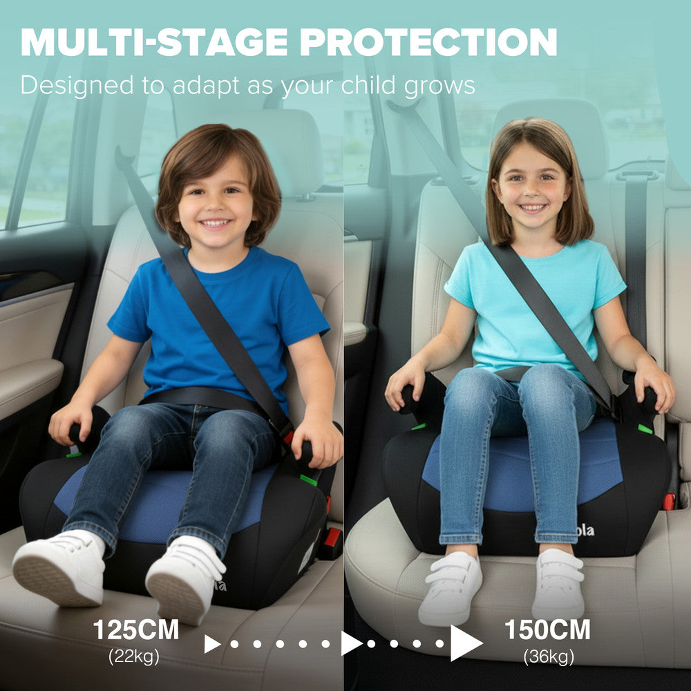 Blue ISOFIX booster seat installation – secure vehicle attachment with ISOFIX connectors