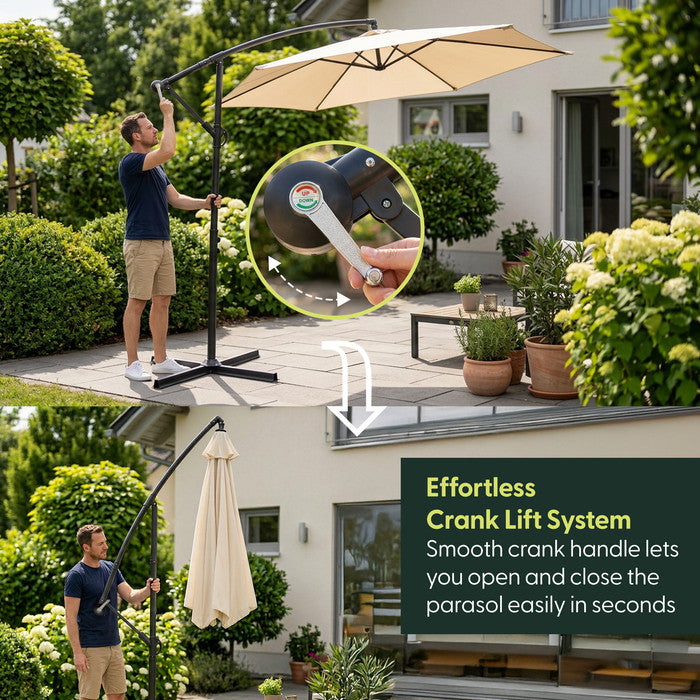 Man opening and closing 3m cream cantilever garden parasol using crank handle – effortless open and close in seconds