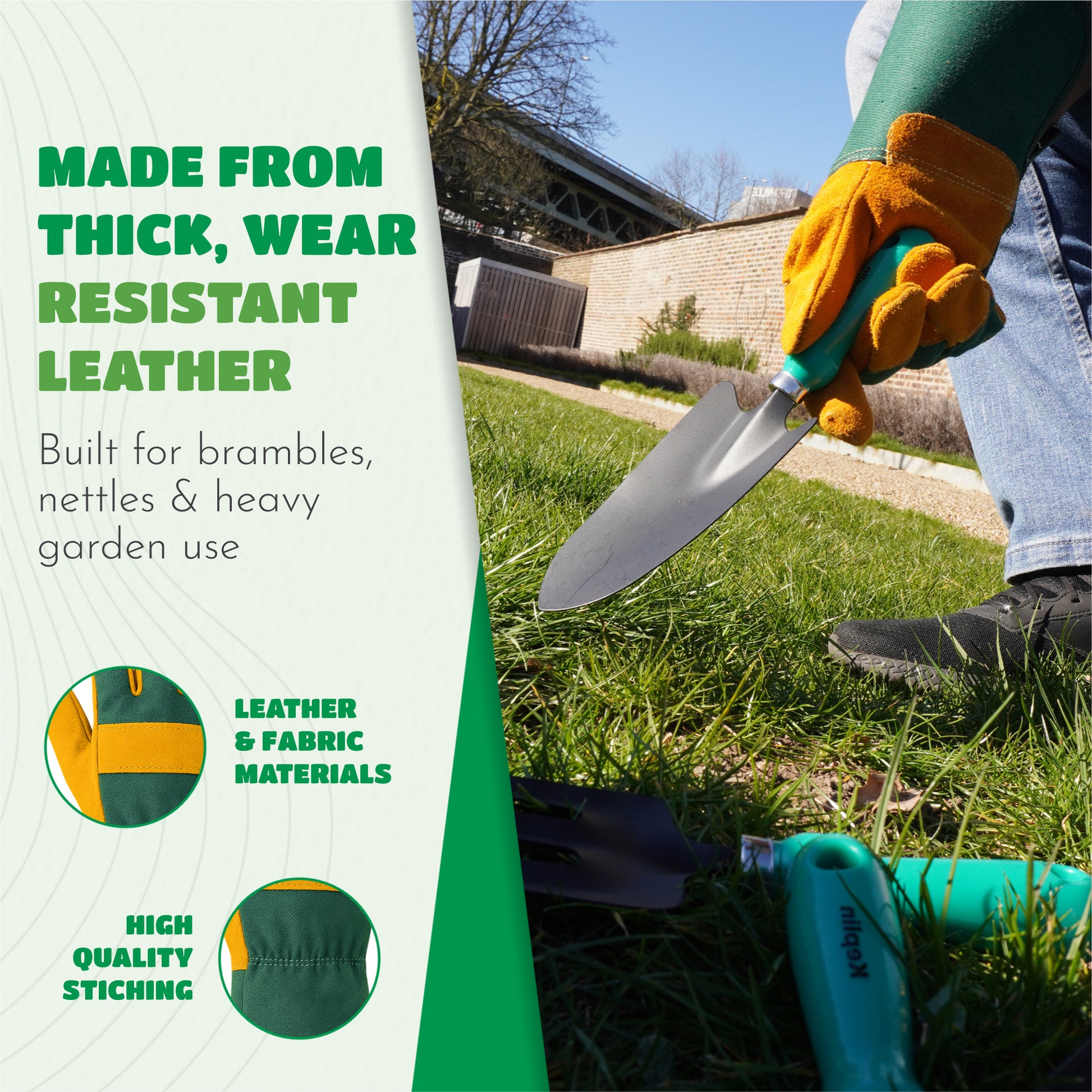 Cowhide Leather Gardening Gloves Yellow & Green – image 4