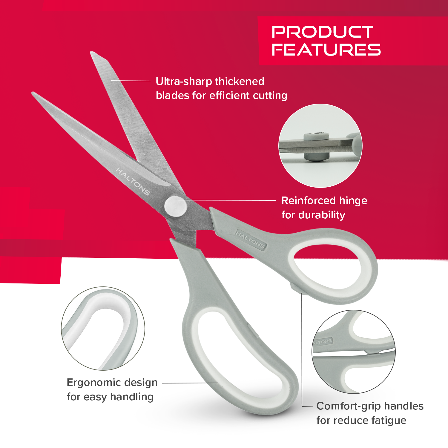 Haltons Multipurpose Scissors - Pack of 3 - Ultra Sharp Thickened Blades - Comfort-Grip Handles - Ergonomic Design - Reinforced Hinge - Metal & Plastic - 21x7.6 cm - Home, Office, Craft, Kitchen