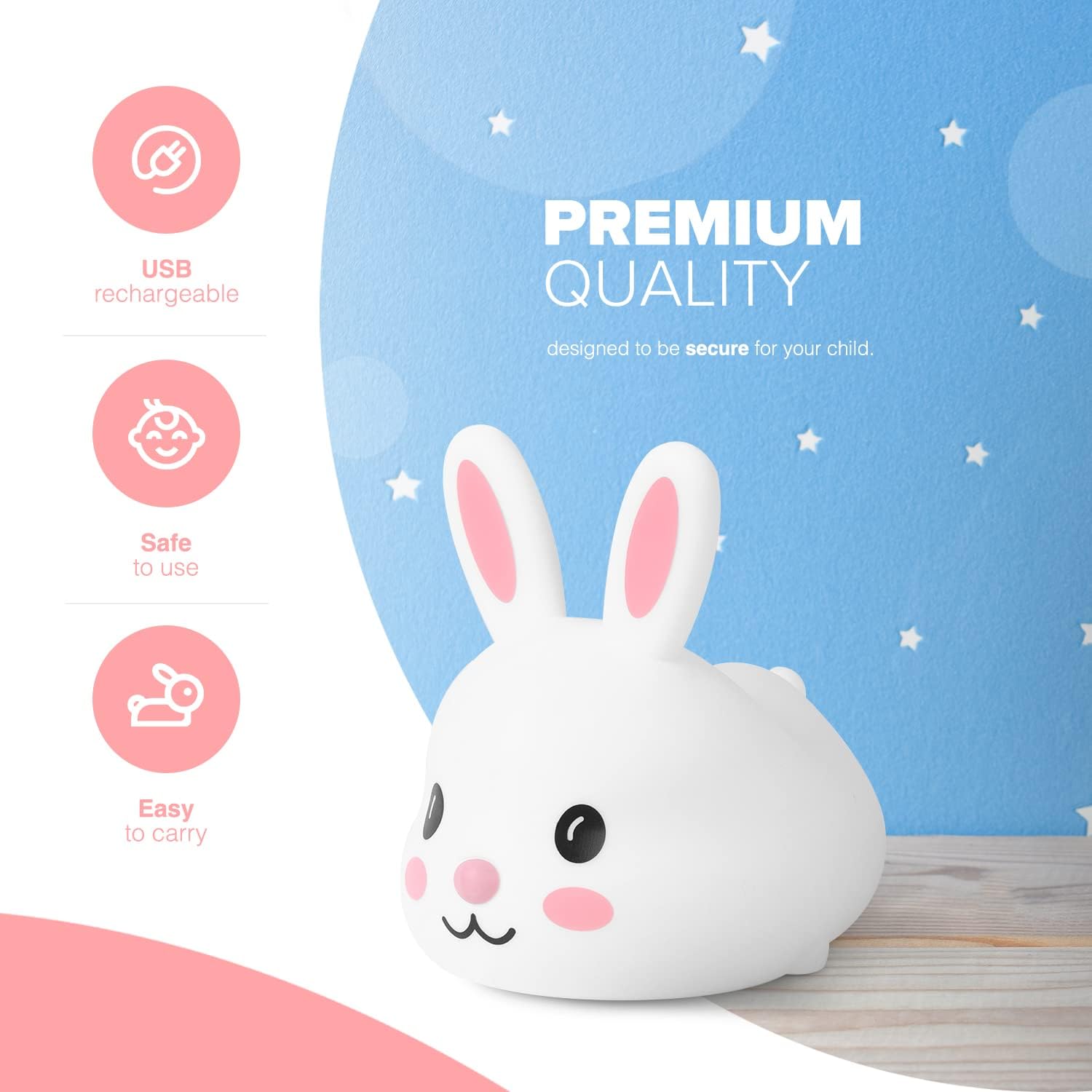 Kidoola Bunny Night Light | 6-Color Touch-Change LED Nightlight Lamp | BPA-Free Kawaii Silicone Rabbit | Rechargeable Battery | Cute Nursery Decor & Sleep Accessory [Energy Class A]