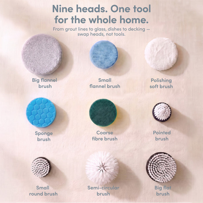  9 interchangeable brush heads for cordless electric spin scrubber