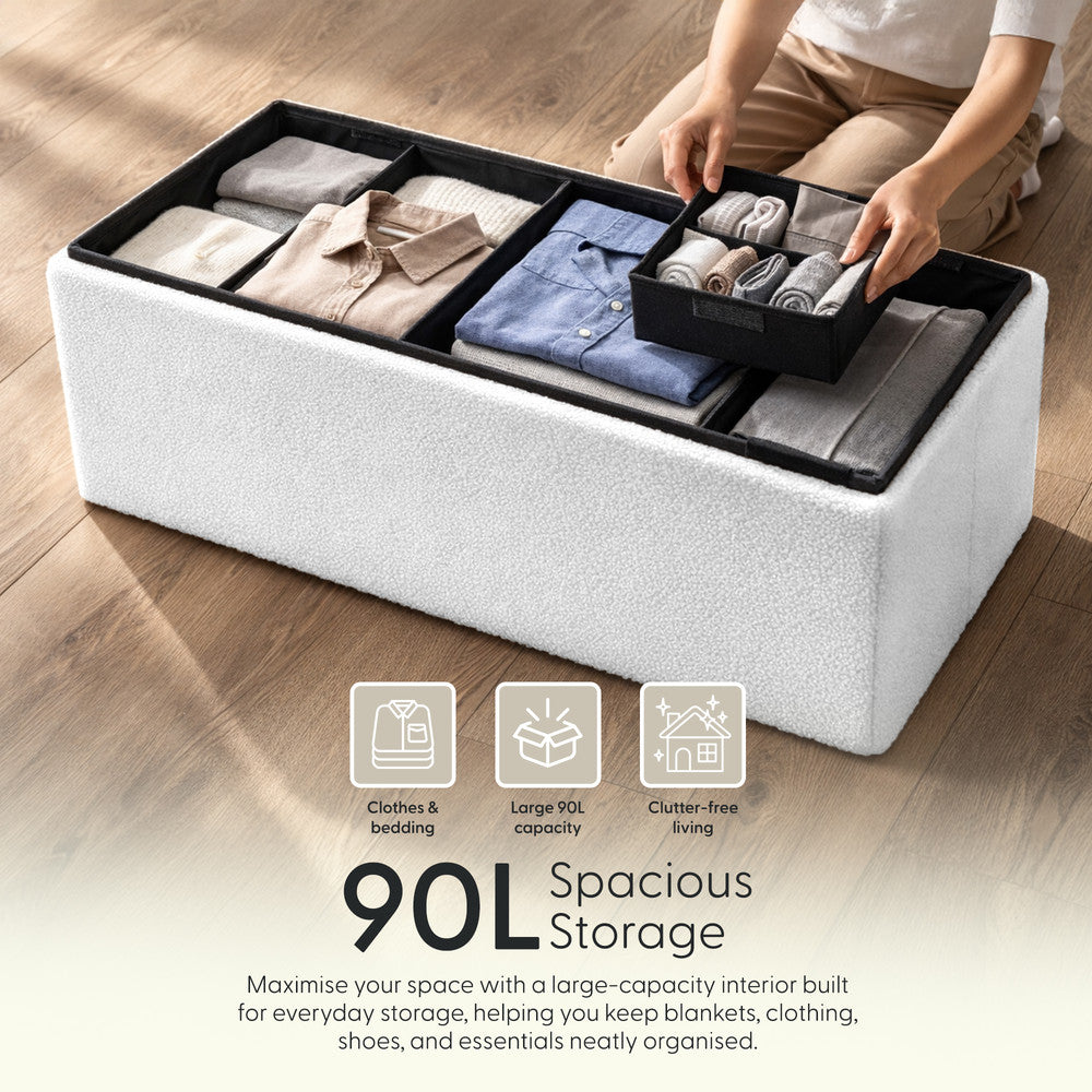 KEPLIN Storage Ottoman Bench 76×38×38 cm – Large 90 L Hidden Storage, Rapid Fold‐Flat Design, 150kg Load Capacity, Tufted Teddy Fabric Finish – Ideal for Hallway, Bedroom, Living Room