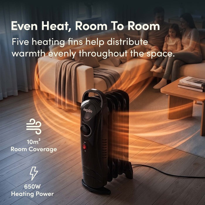 Five heating fins on black oil radiator distributing even warmth, 10m² coverage