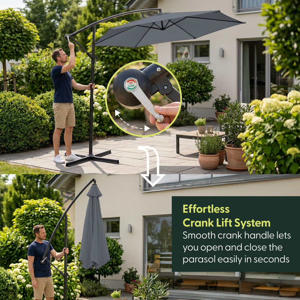 Man opening 3m grey cantilever garden parasol using crank handle – effortless open and close mechanism for garden and patio use