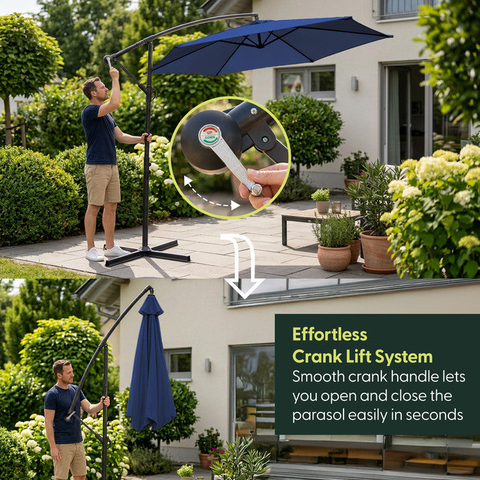 Man opening and closing 3m navy blue cantilever garden parasol using crank handle – effortless open and close in seconds