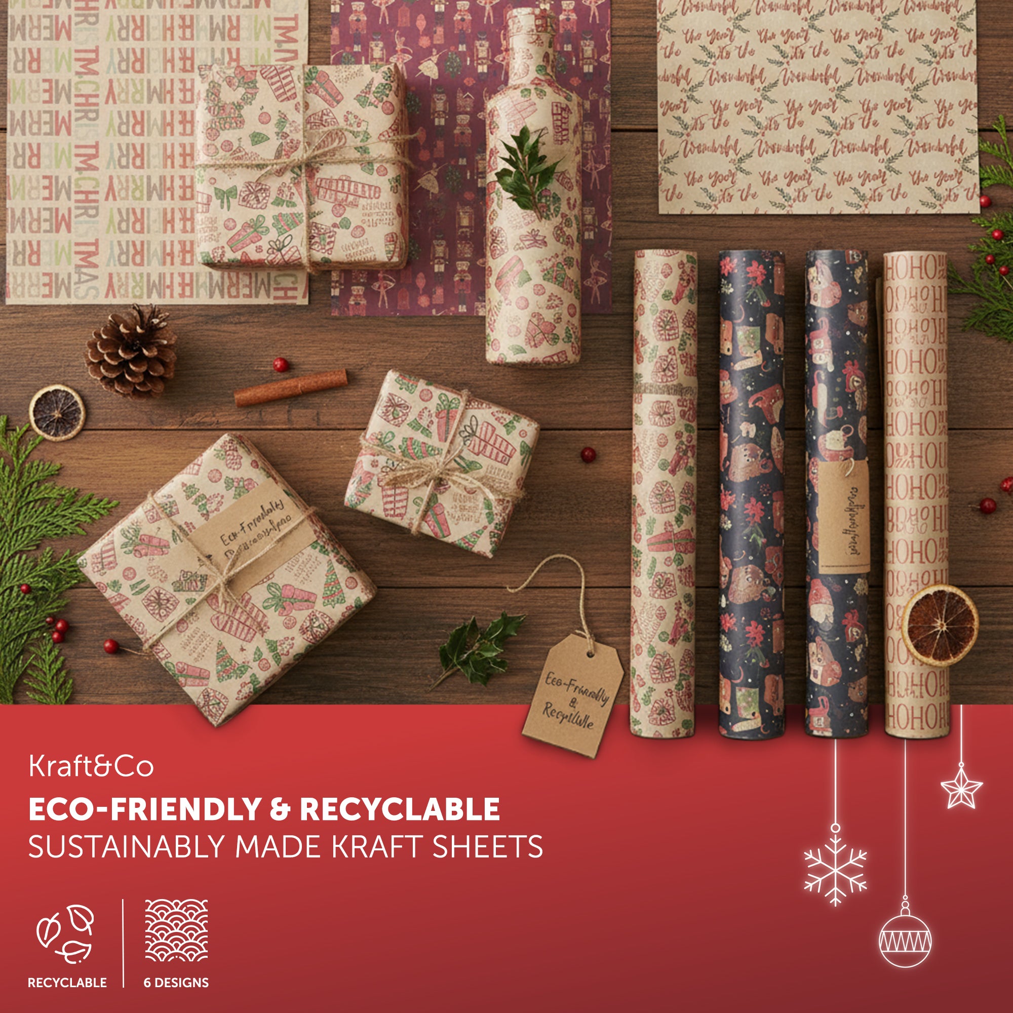 Kraft & Co - Christmas Wrapping Paper 12 Sheets - Kraft Gift Wrap Sheets 50 x 70cm, 6 Festive Holiday Designs with Tags & Twine