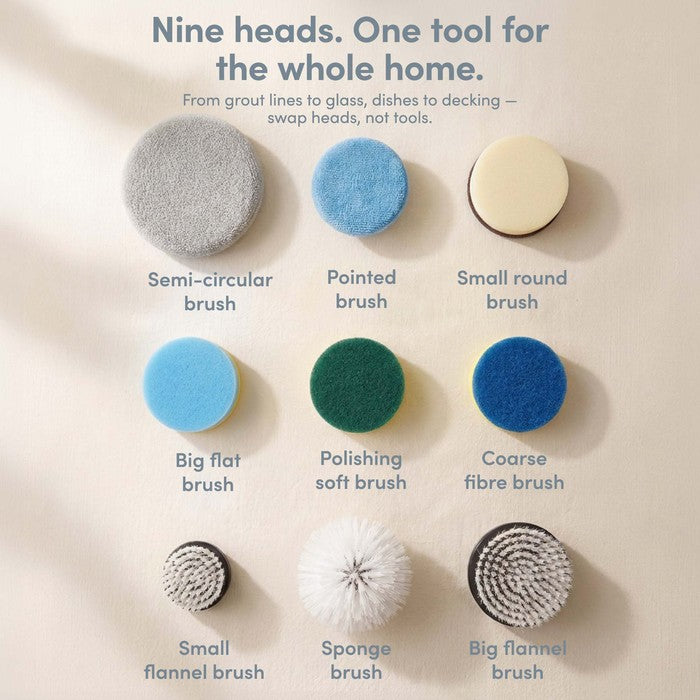  9 interchangeable brush heads for cordless electric spin scrubber