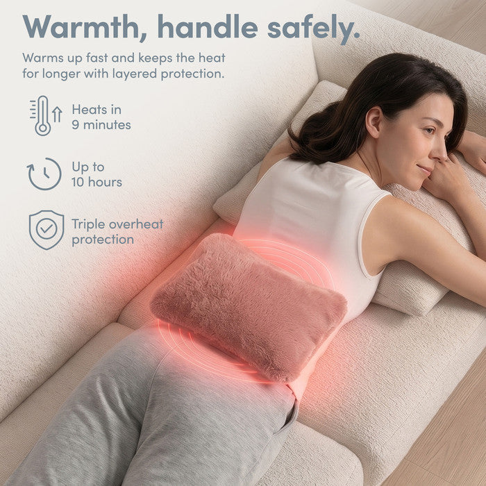 Blush electric heat pad on lower back, heats in 9 minutes and stays warm 10 hours