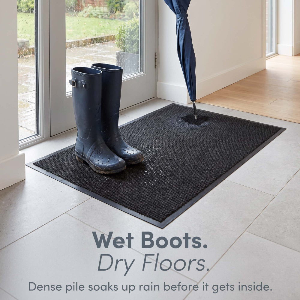 Wet wellies and umbrella on dense pile mat soaking up rain – Absorbent Door Mat