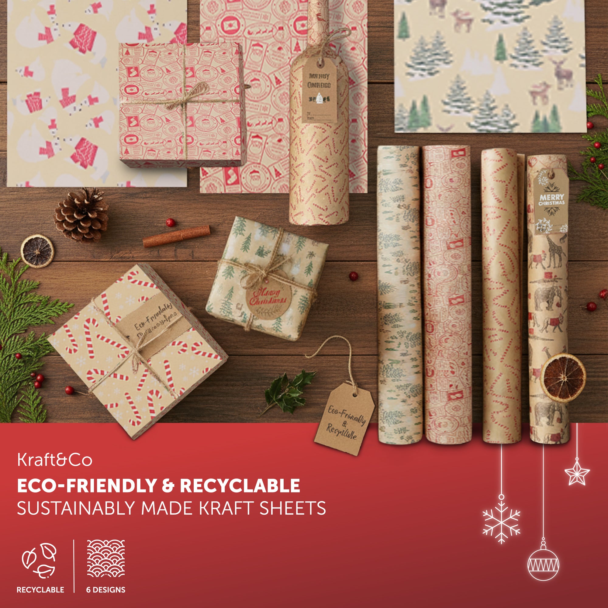 Kraft & Co - Christmas Wrapping Paper 12 Sheets - Kraft Gift Wrap Sheets 50 x 70cm, 6 Festive Holiday Designs with Tags & Twine