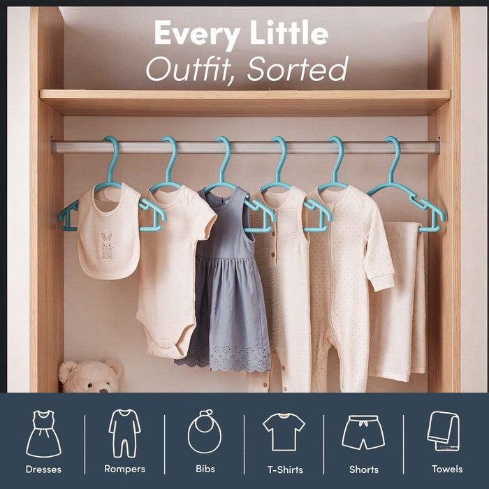 Nursery wardrobe rail sorted with dresses, rompers and bibs on teal hangers