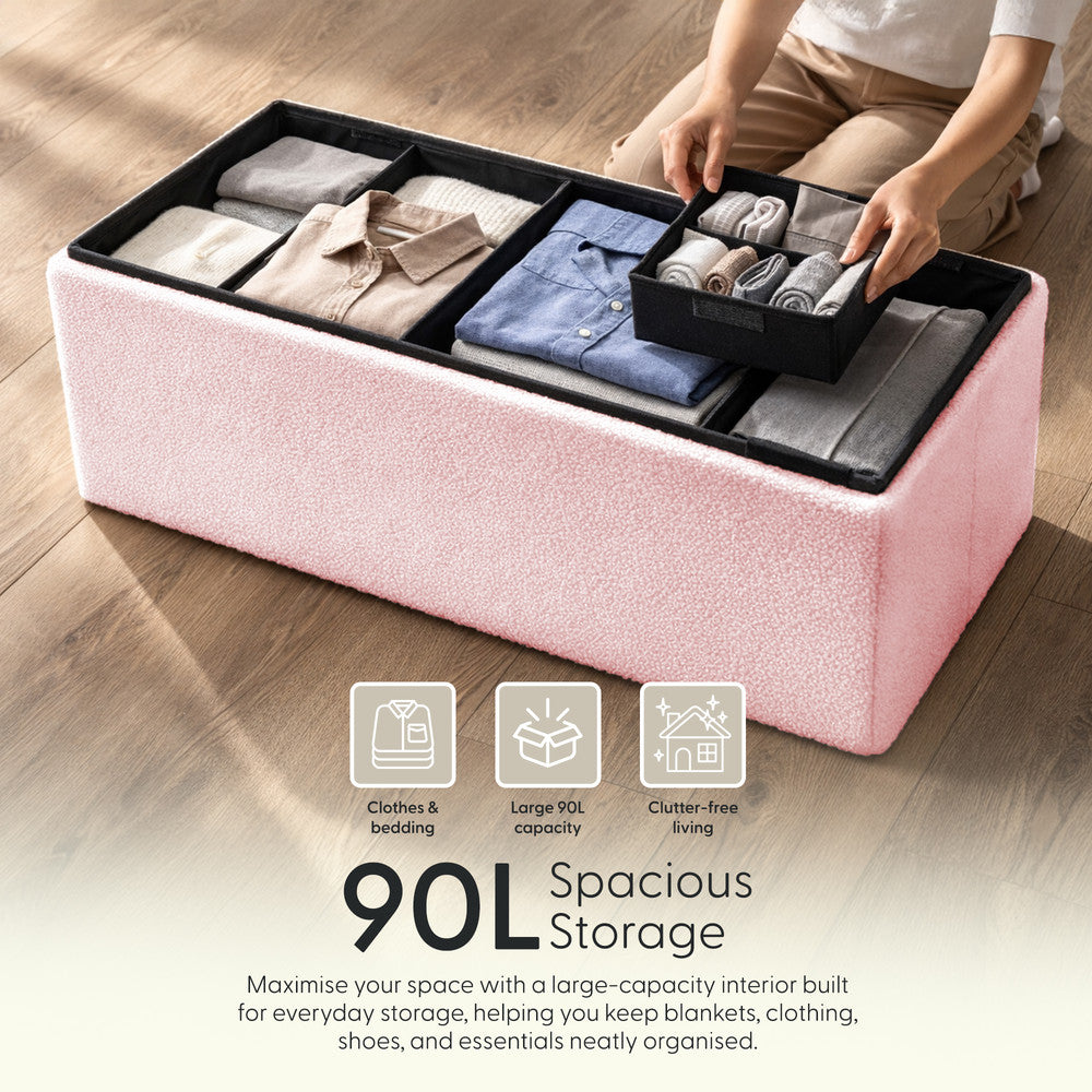 KEPLIN Storage Ottoman Bench 76×38×38 cm – Large 90 L Hidden Storage, Rapid Fold‐Flat Design, 150kg Load Capacity, Tufted Teddy Fabric Finish – Ideal for Hallway, Bedroom, Living Room