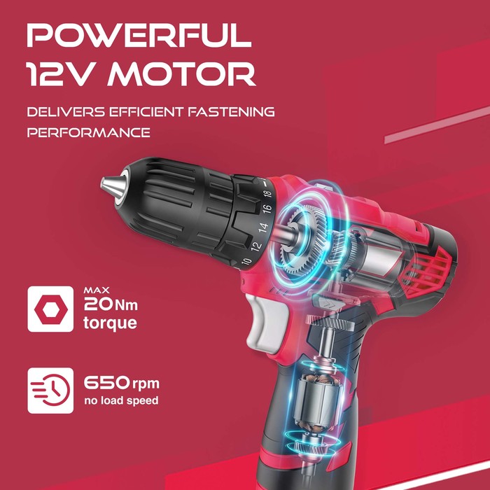 Haltons 12V drill motor cutaway showing 20Nm max torque and 650rpm no-load speed