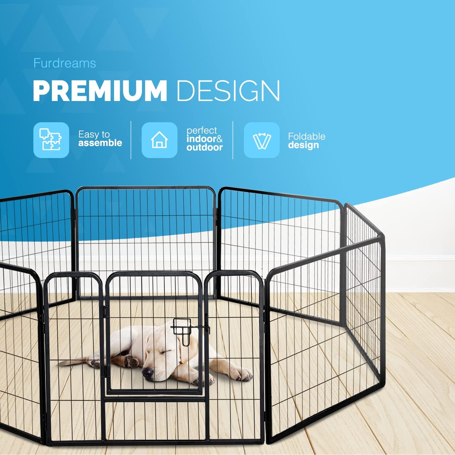 FurDreams Adjustable Shape Dog Play Pen 8 Panel Heavy Duty Metal Pet Pen Foldable Portable Safe Secure Cage for Dogs Puppies Cats and