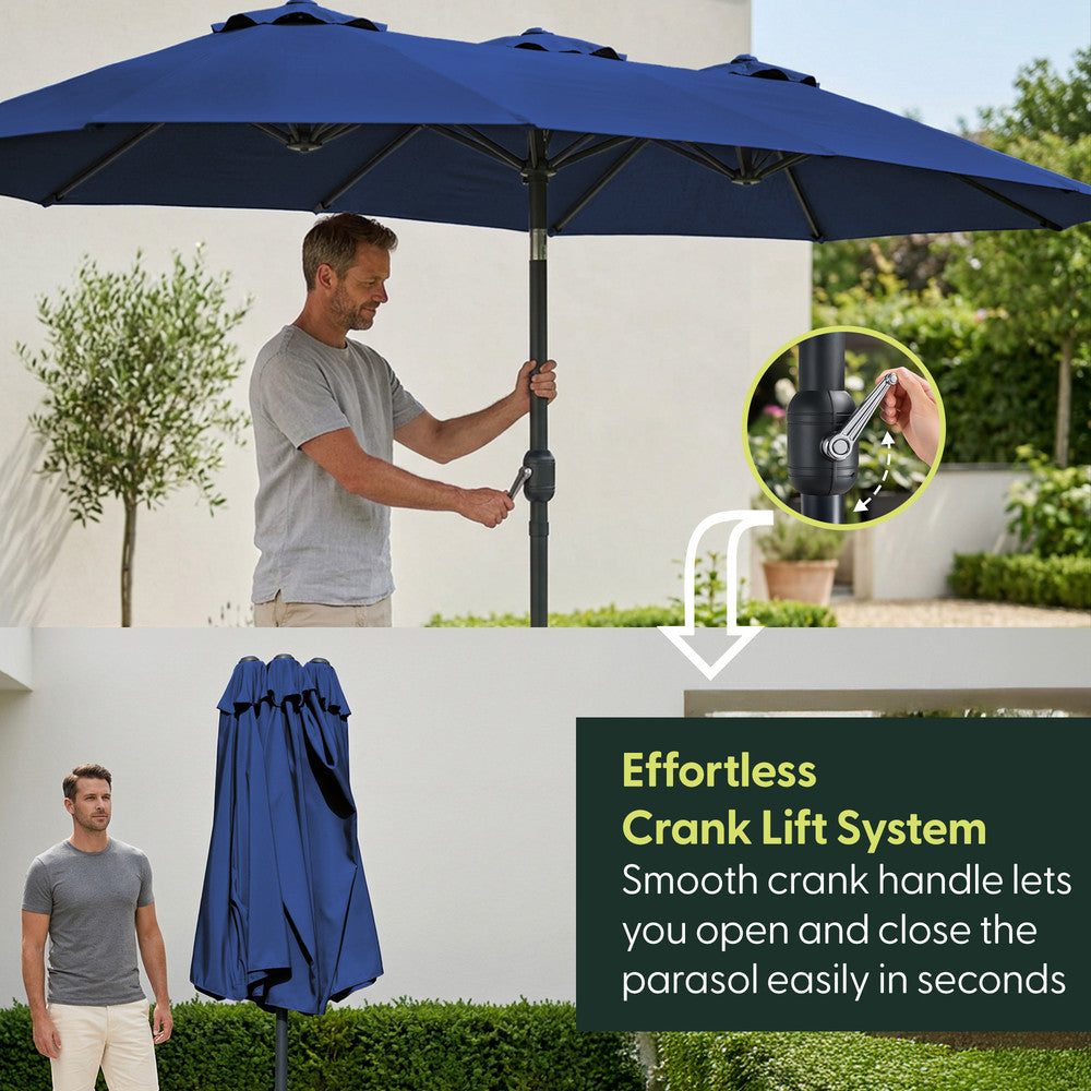 Man using crank handle to open blue double garden parasol – effortless open and close mechanism