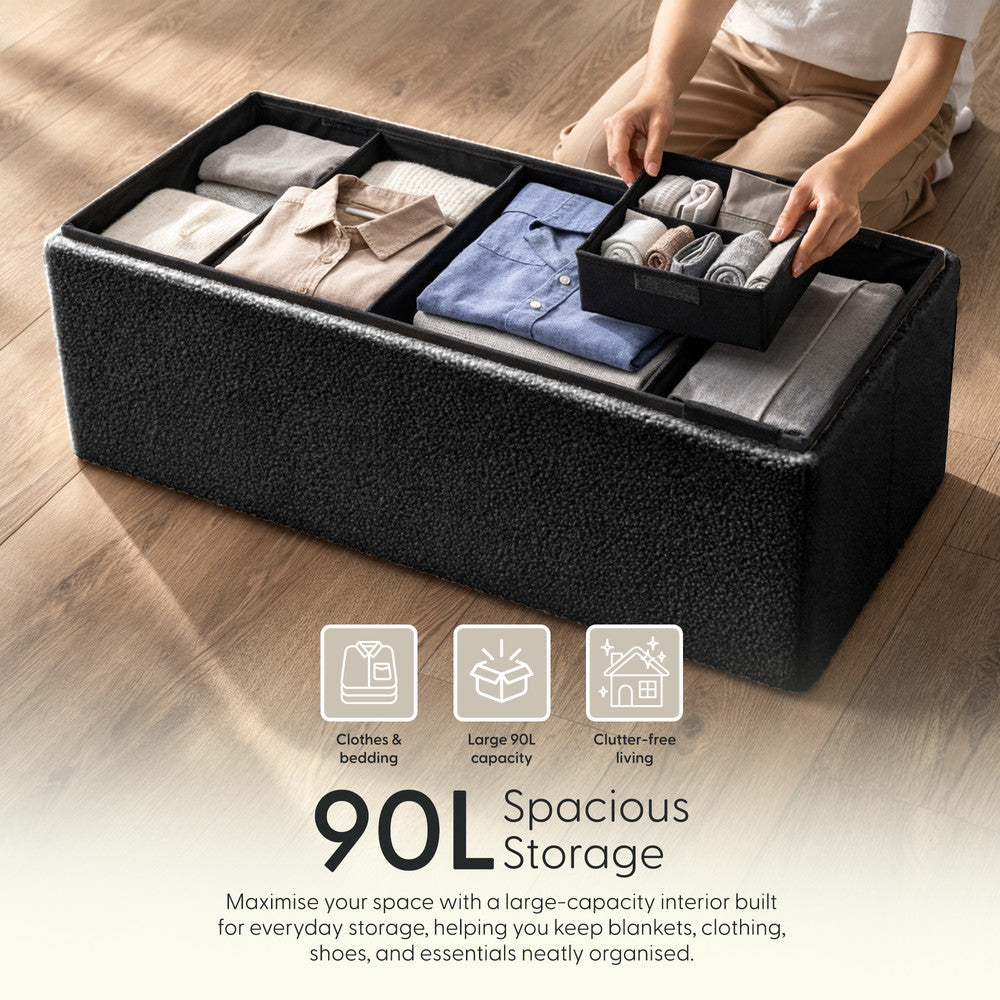 KEPLIN Storage Ottoman Bench 76×38×38 cm – Large 90 L Hidden Storage, Rapid Fold‐Flat Design, 150kg Load Capacity, Tufted Teddy Fabric Finish – Ideal for Hallway, Bedroom, Living Room