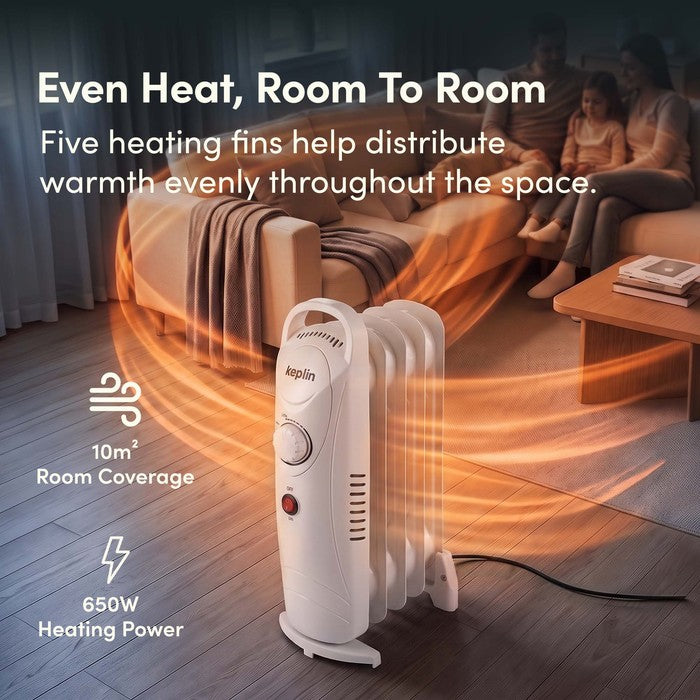 Five heating fins on white oil radiator distributing even warmth, 10m² coverage