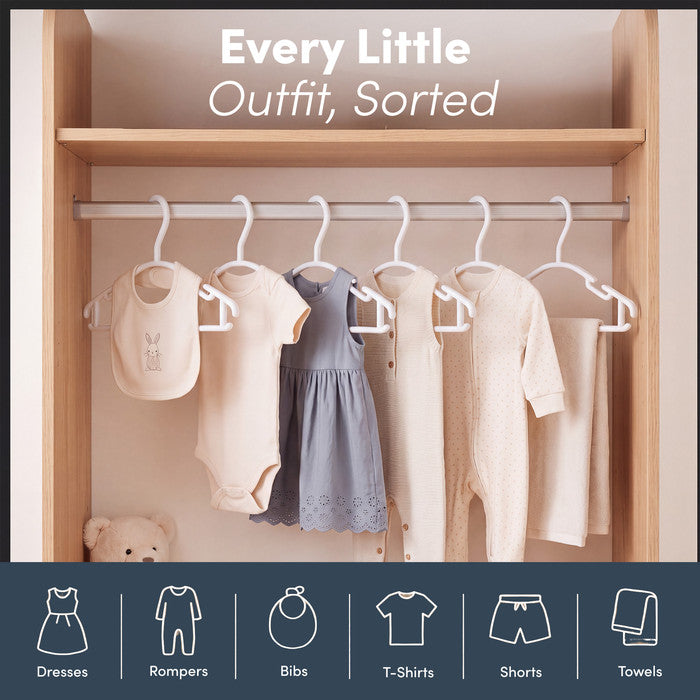 Wardrobe rail sorted with dresses, rompers, bibs and t-shirts on baby hangers