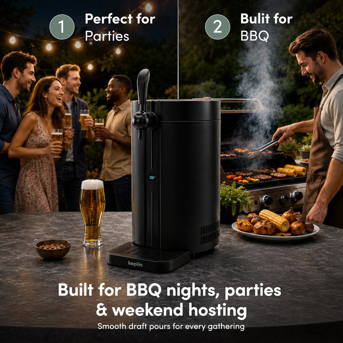 Keplin beer keg dispenser set up outdoors at a BBQ party, ideal for weekend hosting and garden gatherings