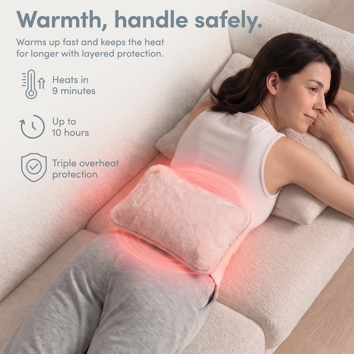 Blush electric heat pad on lower back, heats in 9 minutes and stays warm 10 hours