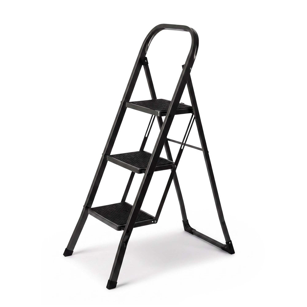 Haltons 3 step folding step ladder in dark steel with three anti-slip step mats and rubber feet