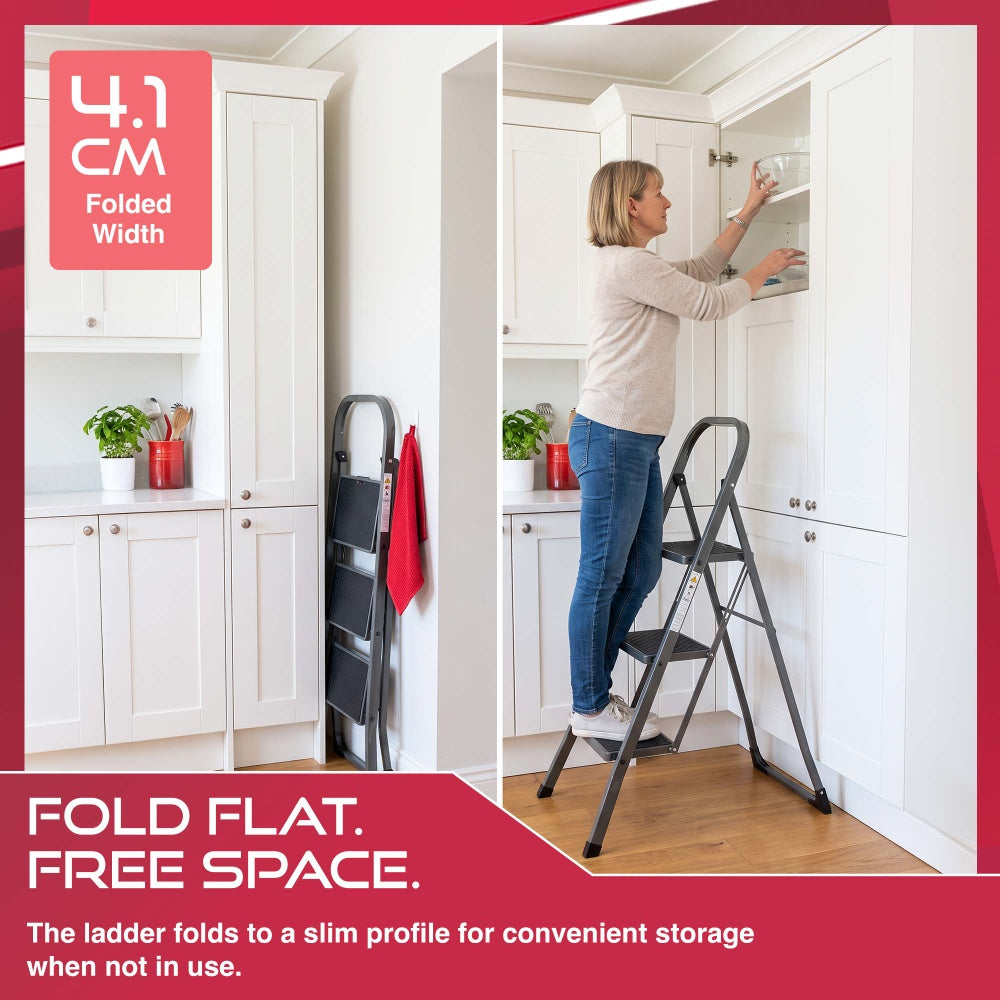 Haltons 3 step ladder folded to 4.1cm wide beside kitchen cupboards and in use at a wall cabinet