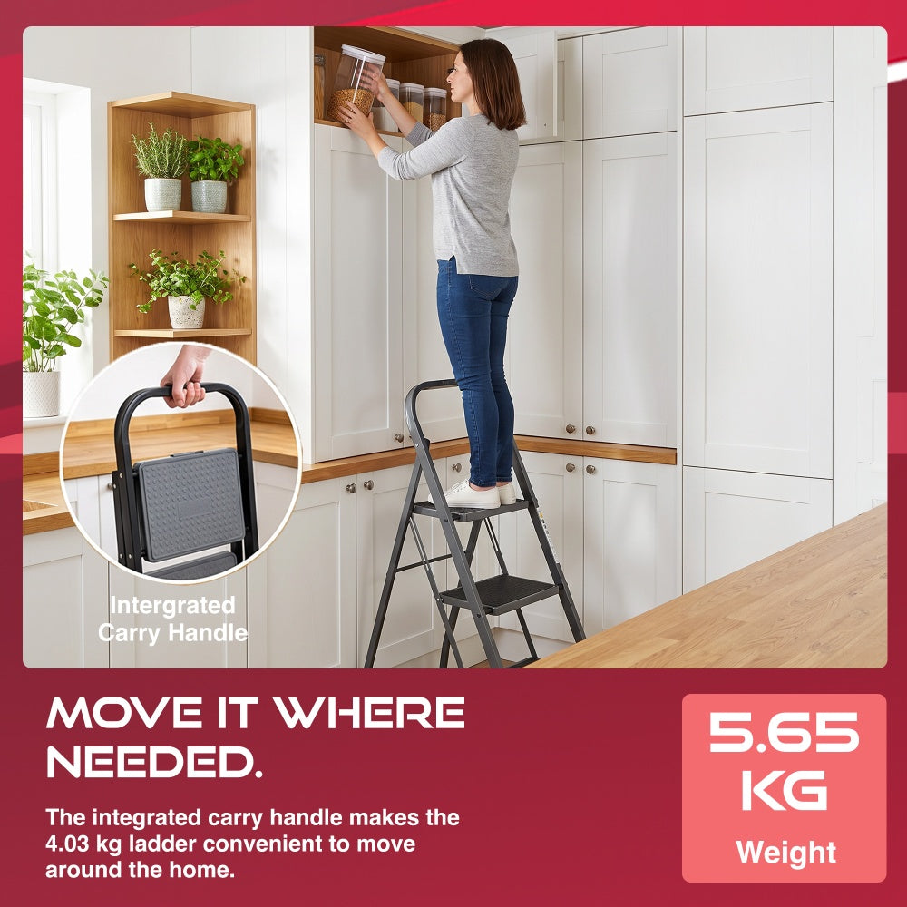 Haltons 3 step ladder with integrated carry handle weighing 5.65kg used in a kitchen