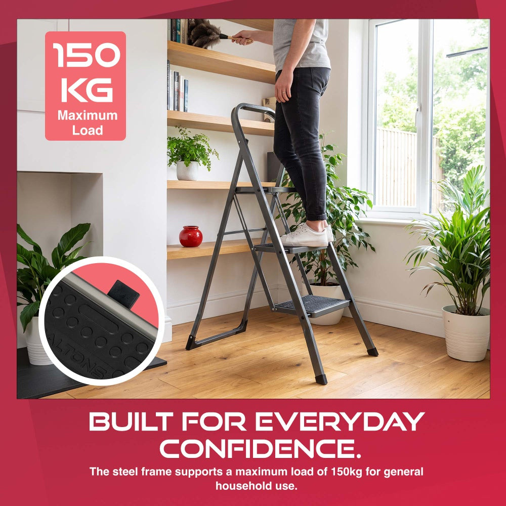 Haltons 3 step ladder with 150kg maximum load and a close up of the anti-slip step mat